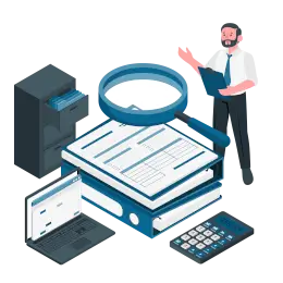 A person reviews financial documents with a magnifying glass, laptop, and calculator, suggesting an audit.