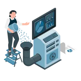 A person stands on a stool, pouring binary code from a container into a large funnel connected to a data processing machine.